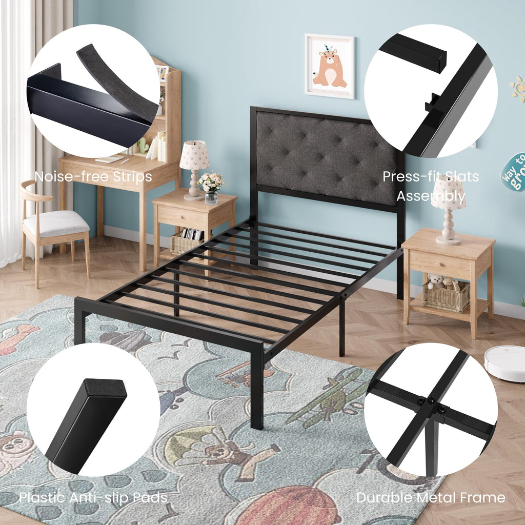 Twin Size Metal Bed Frame with Linen Tufted Headboard D4971