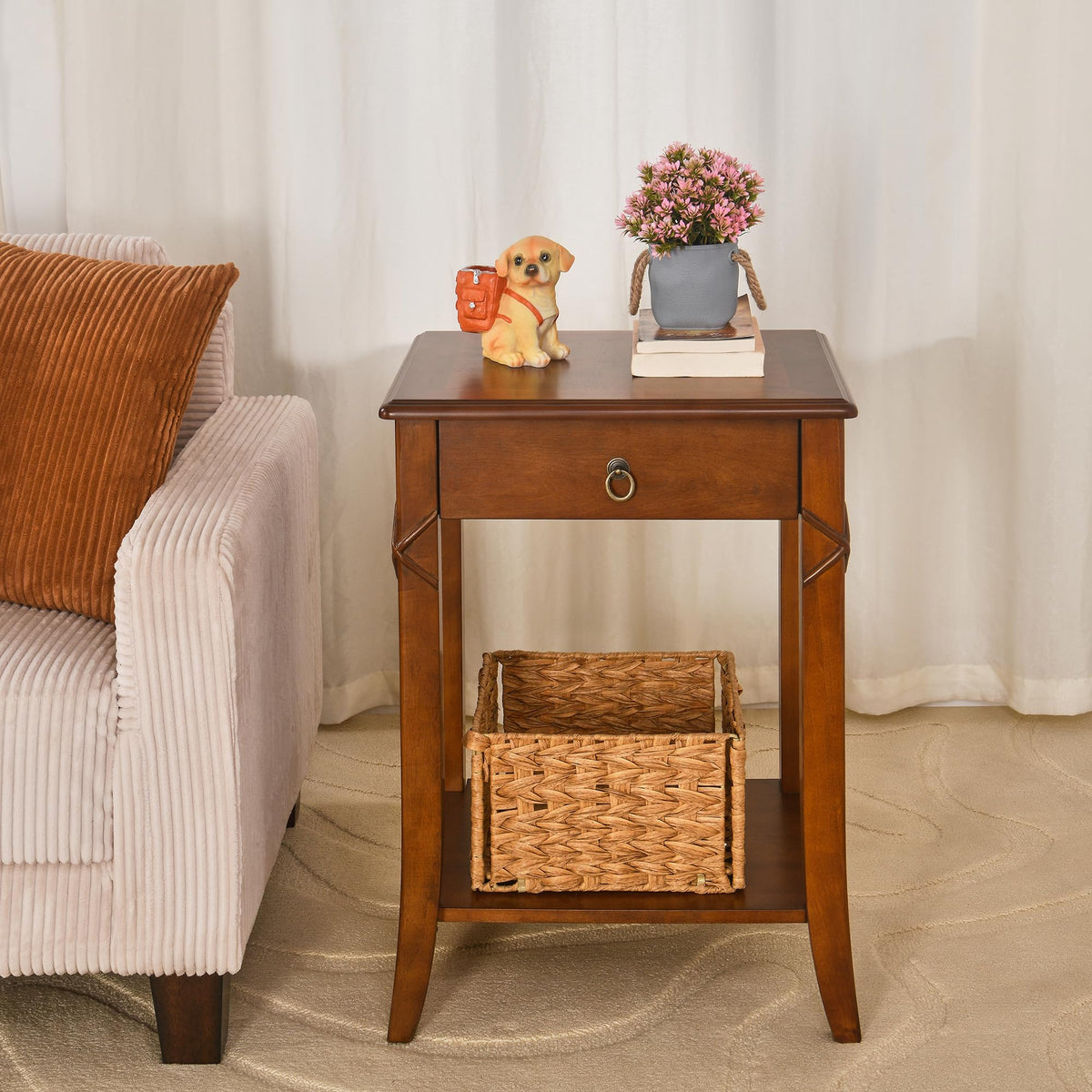Small Solid Wood Side End Table with Drawer and Storage Shelf K335267