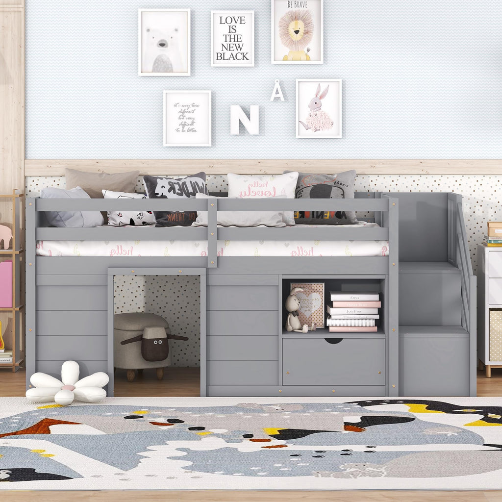 Twin Size Wood Loft Bed with Storage V886