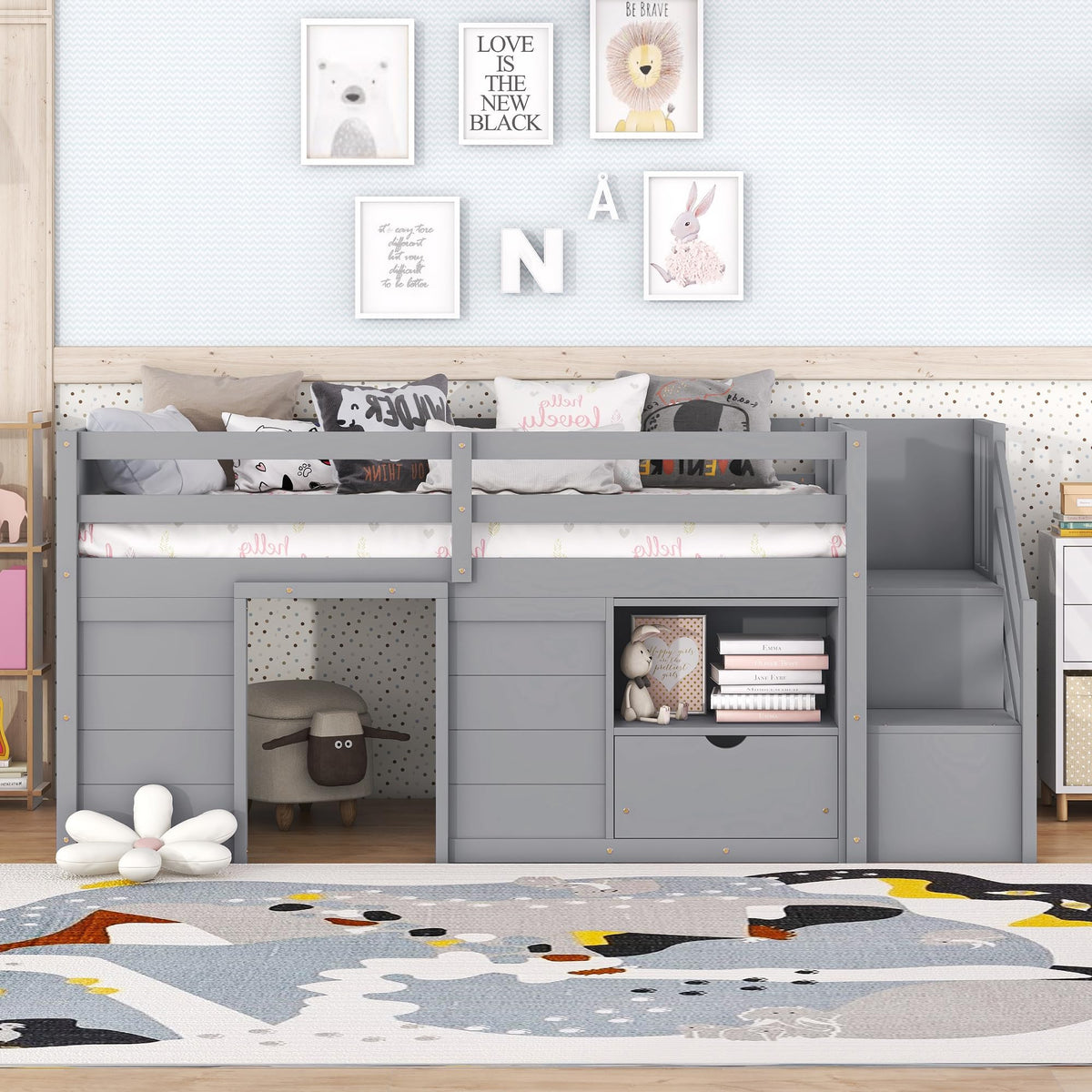 Twin Size Wood Loft Bed with Storage V886