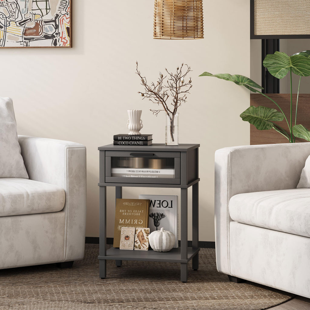 Grey Wooden Nightstand with Drawer and Storage Shelf Z3860