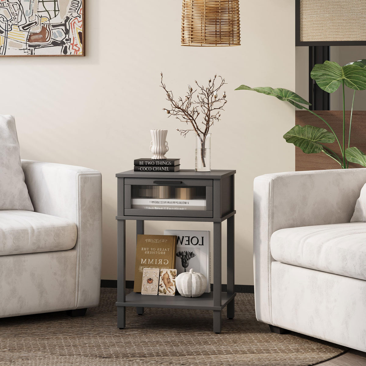Grey Wooden Nightstand with Drawer and Storage Shelf Z3860
