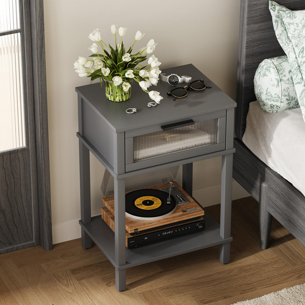 Grey Wooden Nightstand with Drawer and Storage Shelf Z3860