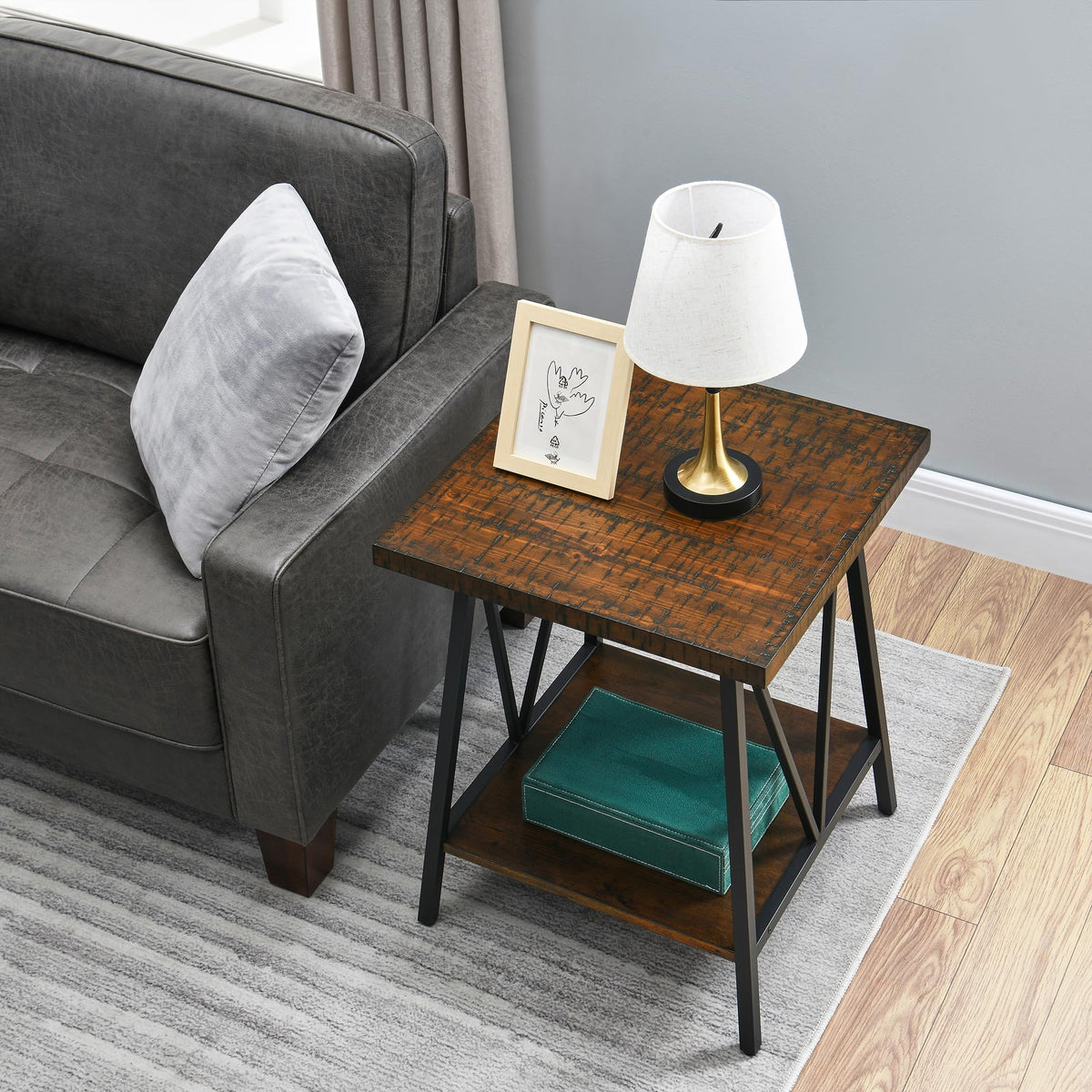 Mid Century Modern End Table with Storage, 2-Tier Open Shelves, Cherry Walnut E868