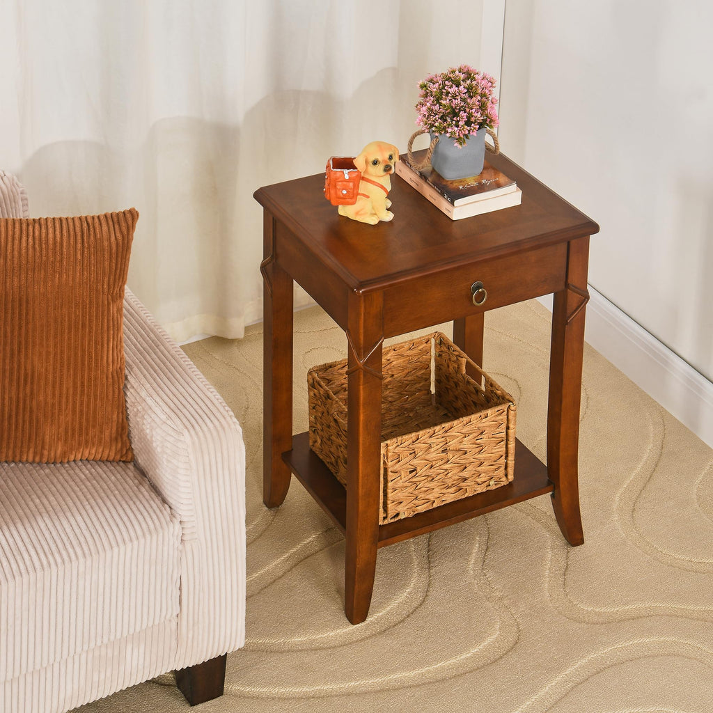 Small Solid Wood Side End Table with Drawer and Storage Shelf K335267