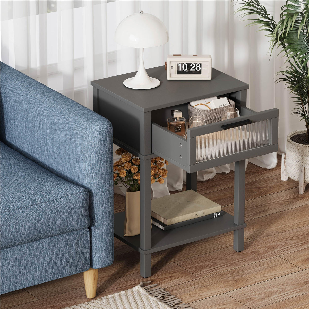 Grey Wooden Nightstand with Drawer and Storage Shelf Z3860