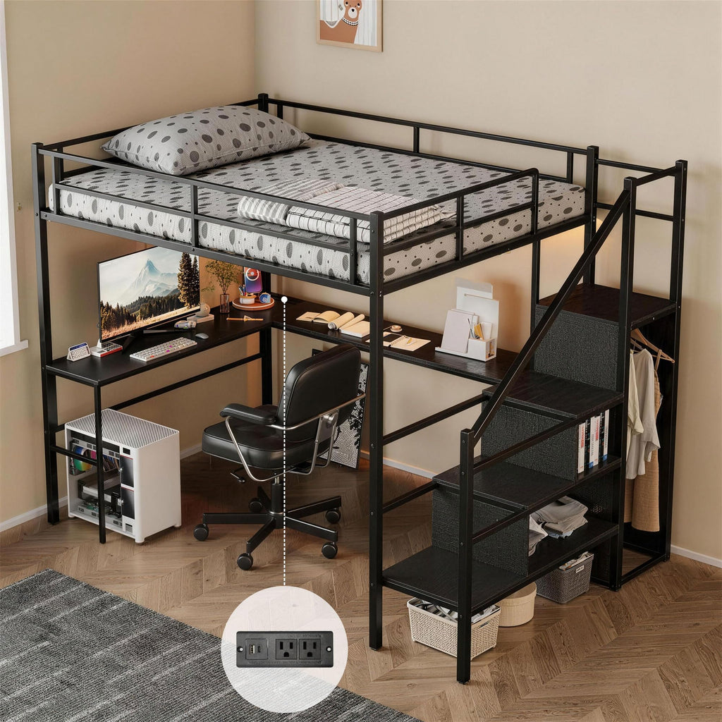Full Size Metal Loft Bed with Desk & Storage Staircase S253