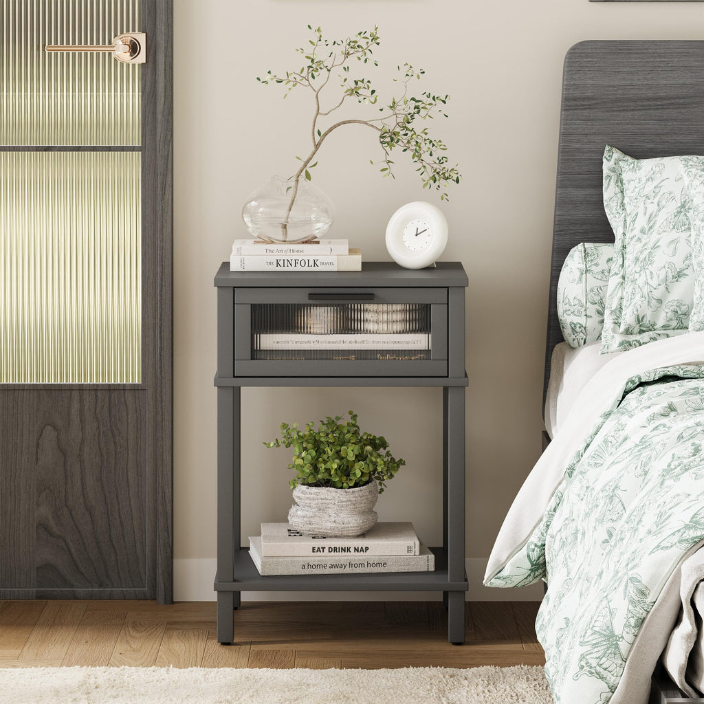 Grey Wooden Nightstand with Drawer and Storage Shelf Z3860