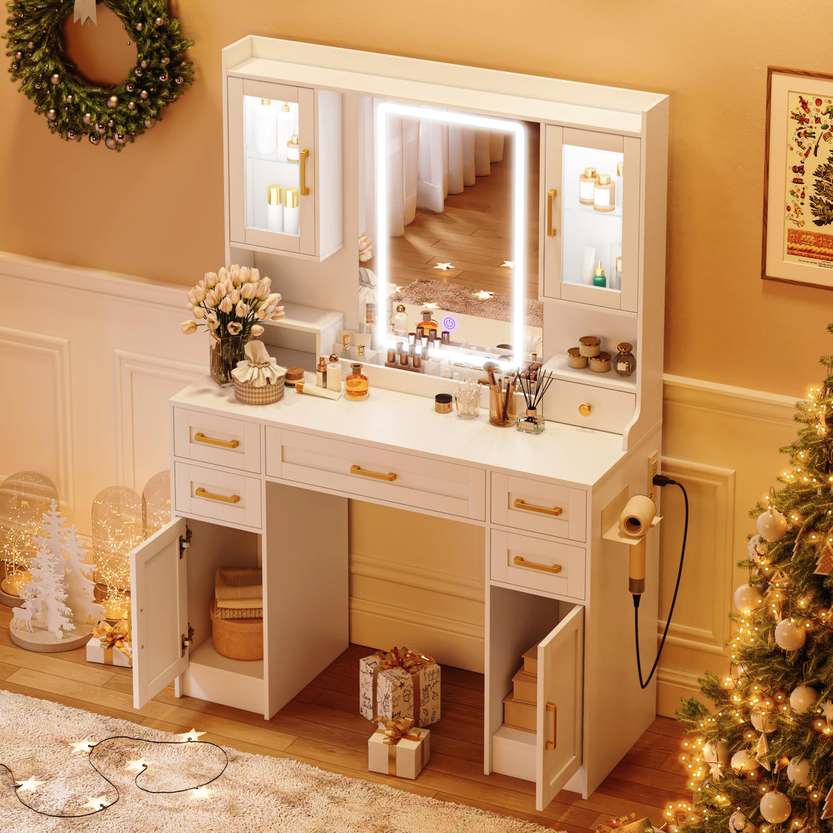 White Vanity Desk with Mirror, LED Lights and Power Outlet Y190405