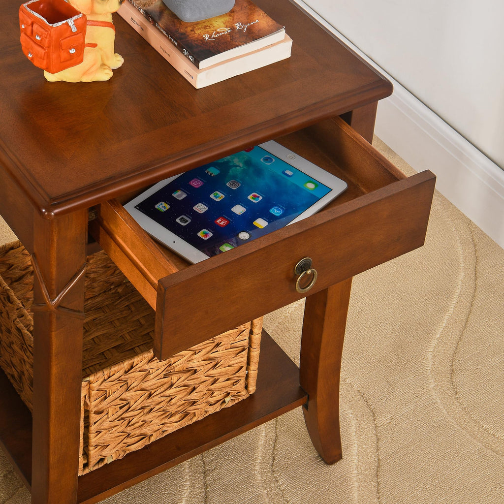 Small Solid Wood Side End Table with Drawer and Storage Shelf K335267