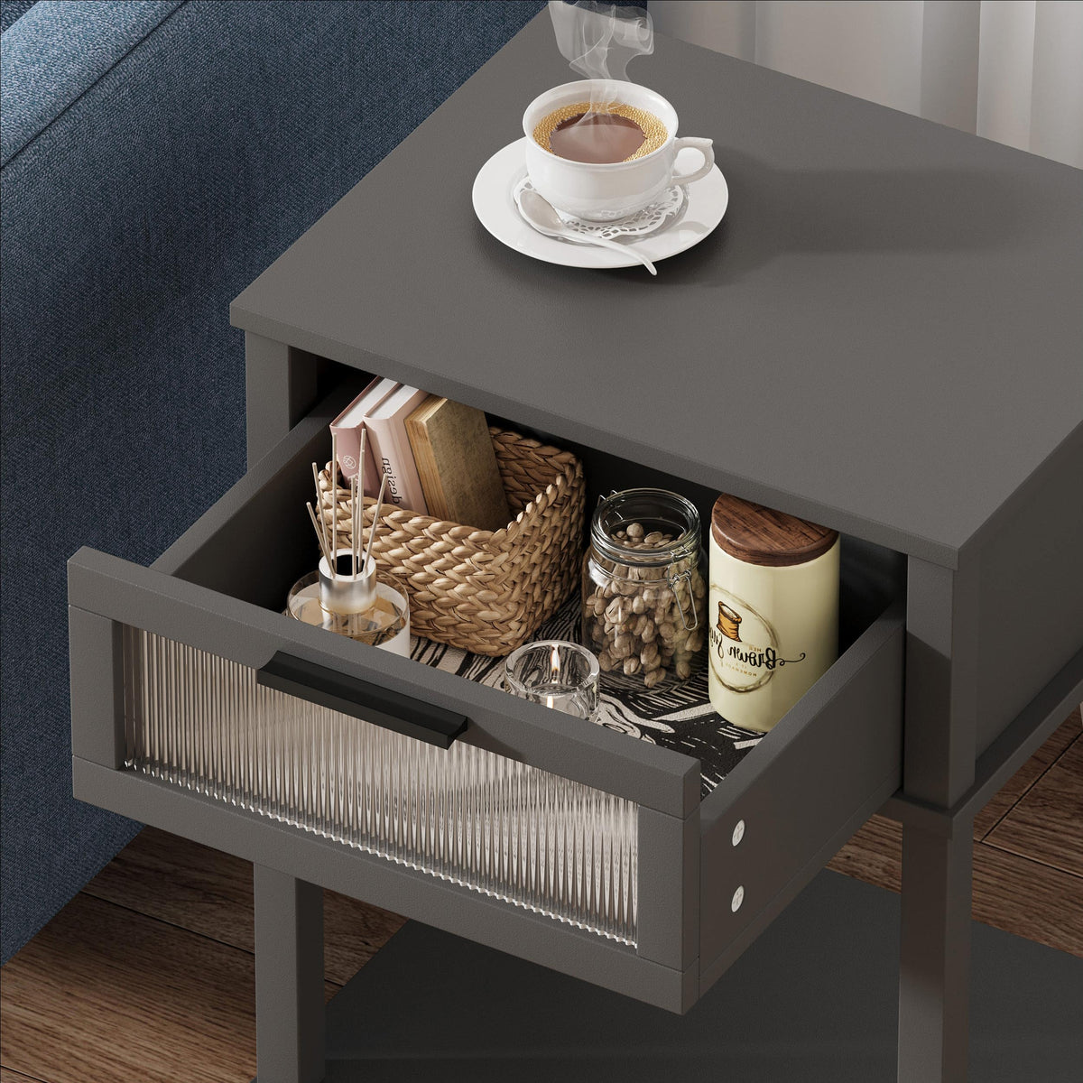 Grey Wooden Nightstand with Drawer and Storage Shelf Z3860